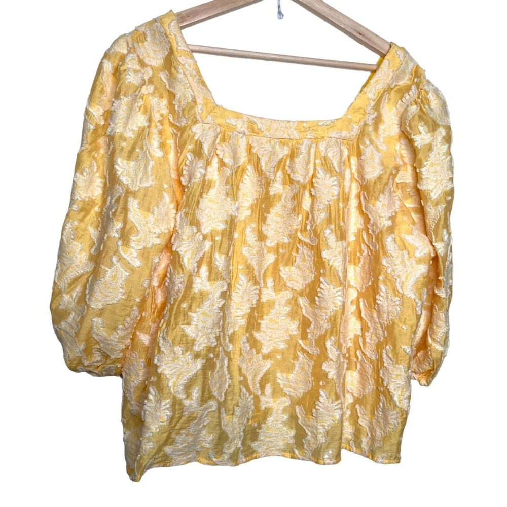 Anthropologie Yvonne Textured Yellow White Button Down Blouse Shirt Size XLP - Picture 4 of 12